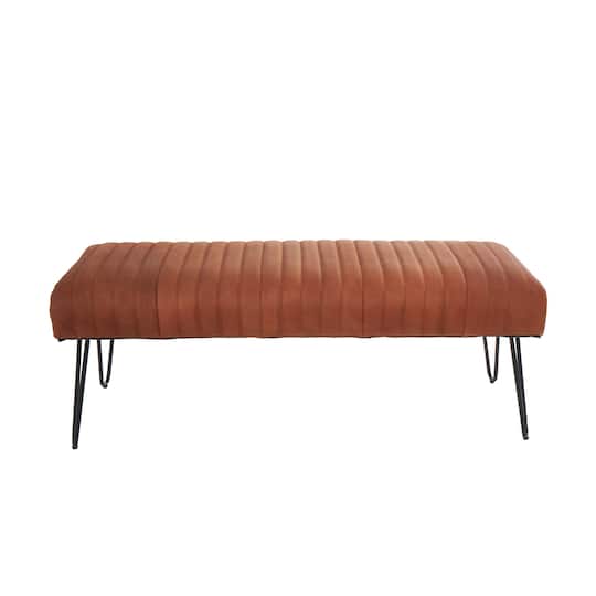 4ft. Brown Leather Upholstered Bench with Hairpin Legs